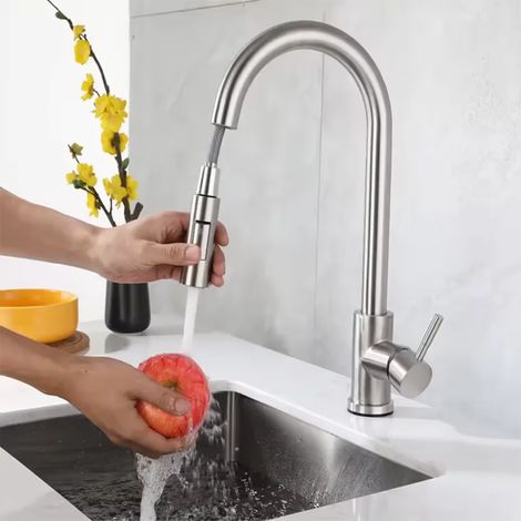 Robinet de cuisine monotrou à bec extractible (nickel brossé - A), mitigeur chromé/noir avec douchette extractible. (1/5)