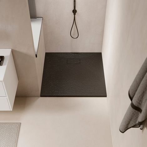 Stano. – Receveur de douche extra plat noir 90 x 90 cm – Surface aspect ardoisé – Antidérapant PN24 – Installation à poser ou encastrer