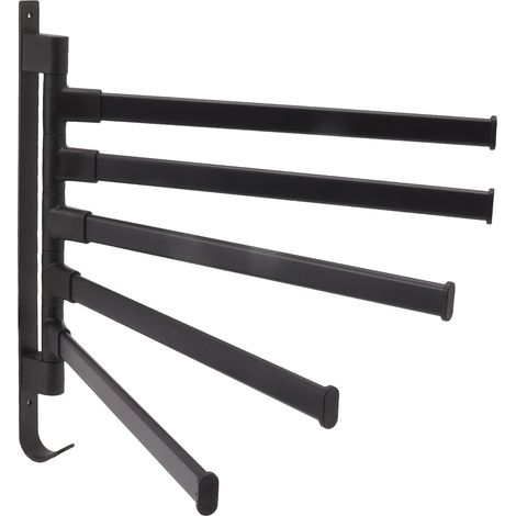 Schwarzer, schwenkbarer Handtuchhalter mit 5 Armen, Wandmontage, Eck-Badezimmerstange, kein Bohren erforderlich (1/5)