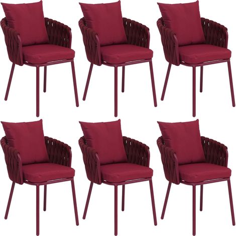 Lot de 6 chaises de salle à manger avec accoudoirs structure aluminium et tressage corde tissu bordeaux 040008724