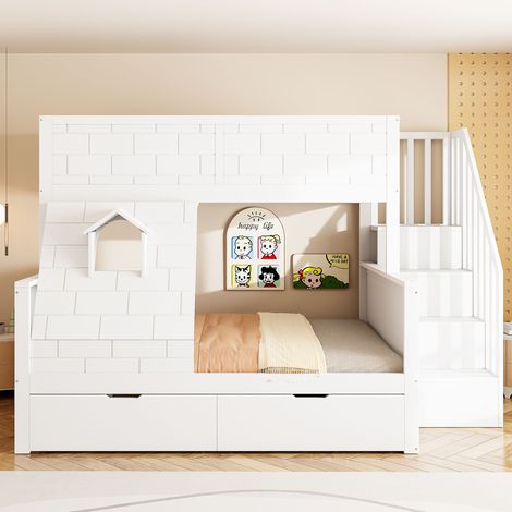 Letto a castello per bambini 90x200 e 140x200 cm bianco in legno con 2 cassetti (1/5)