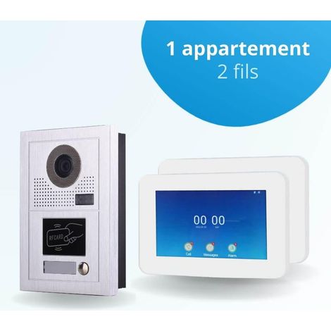 Portier interphone vidéo MODERN 2 Fils - 1 appartement - 2 écrans tactiles connectés 7" blanc - avec lecteur de badge