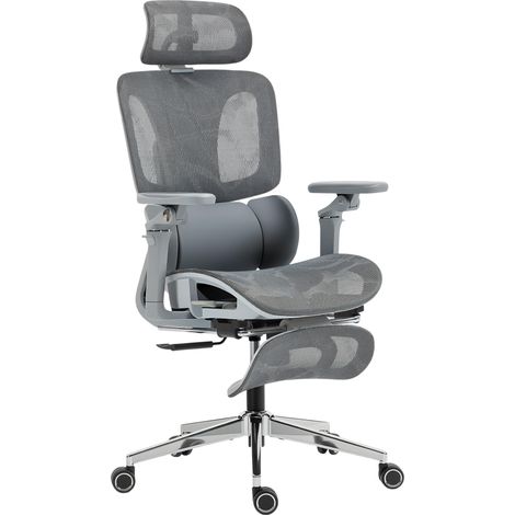 Chaise de travail ergonomique en maille grise, accoudoirs 6D réglables, appui-tête et assise à profondeur ajustable, confort optimal pour bureau. (1/5)