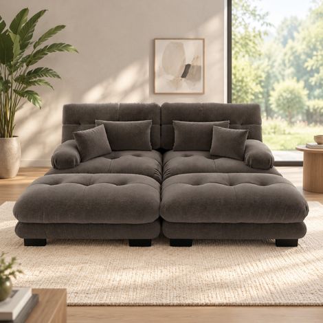 Modulares Ecksofa mit 2 Ottomane, 220 × 145 × 81 cm, Chenille Braun, REDOM (1/5)