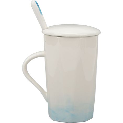 400-ml-Keramikbecher im Tuschemalerei-Stil mit Löffeldeckel, für Zuhause oder Büro, Cyan (1/5)