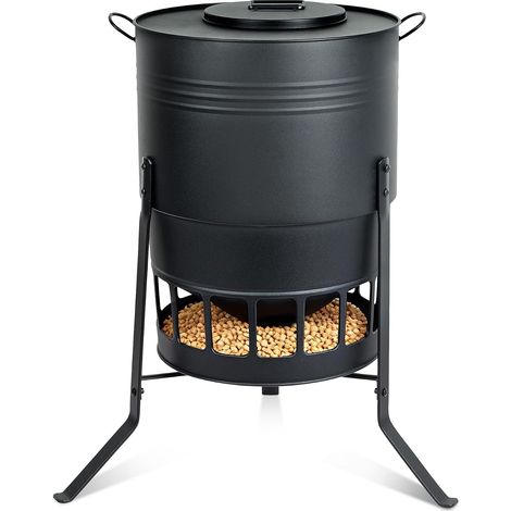 23kg Galvanisé Mangeoire pour Poules Noire Anti Gaspillage Mangeoire Poules Anti Nuisible Automatique en Métal avec 16 Orifices pour Poules Canards et Oies 43L (1/5)