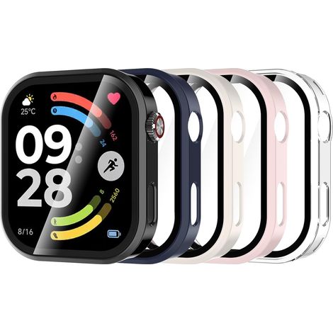 5 Pack Coque avec Protection D'écran Compatible pour Xiaomi Redmi Watch 6, Coque Rigide en PC HD avec Verre Trempé, Résistant aux rayures, Transparent, Noir, Bleu, Rose, Blanc Ivoire (1/5)
