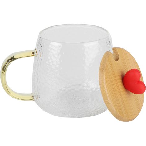 400 ml hitzebeständiger Becher aus Borosilikatglas mit Edelstahllöffel und Bambusdeckel (Herzmuster) (1/5)