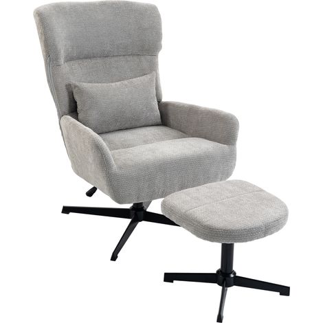 Fauteuil lounge pivotant à 360° avec repose-pieds, réglable en hauteur, revêtement en chenille, avec coussin lombaire, blanc crème (1/5)