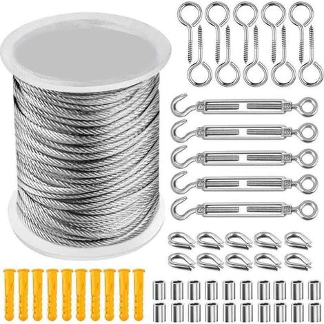 30m Kit de Corde Câble en Acier Inoxydable, Cable Métallique, Câble INOX avec Tendeur et Crochets pour Suspension Lumineuse,Plante (1/5)