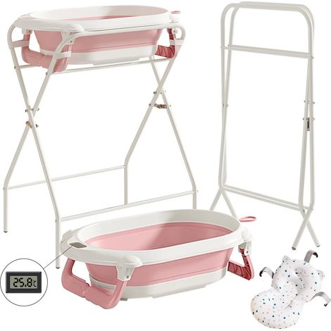 Baignoire pour bébé 3 en 1 avec support, baignoire pliable pour nouveau-né à tout-petit avec thermomètre et oreiller de bain, multifonctionnel, Rose (1/5)