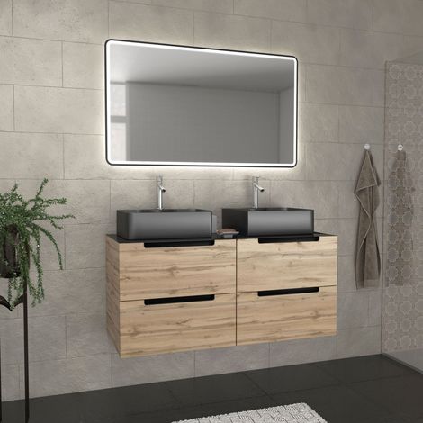 Mueble de baño 120cm Roble y Negro, Lavabos y espejo Black Led 120x70-OMEGA
