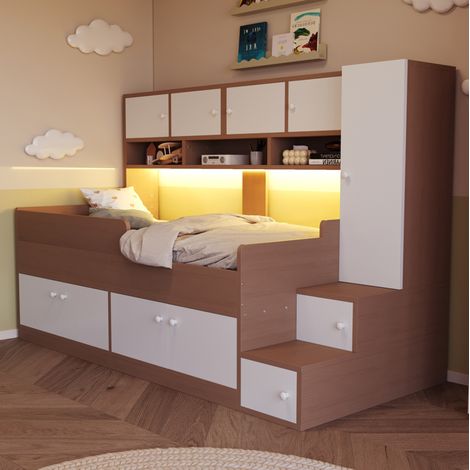 Cama alta de MDF en efecto madera natural 90x200 cm con escalera de almacenaje y LED