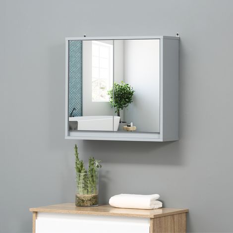 Mobiletto da bagno HOMCOM con specchio, 2 ante e ripiano regolabile, stile moderno, a parete, 48x14,5x45 cm, grigio. (1/5)