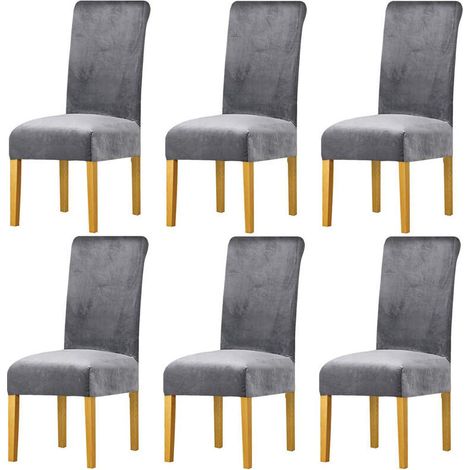 6 Pcs Housses de Chaise en Velours Protection de Chaise Gris Couverture de Chaise de Salle à Manger Extensible (1/5)