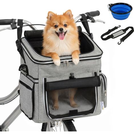 Tragbarer Fahrradkorb für Hunde und Katzen, Sicherheitsleine, abnehmbarer Deckel, 33 x 26 x 35 cm, Hellgrau (1/4)
