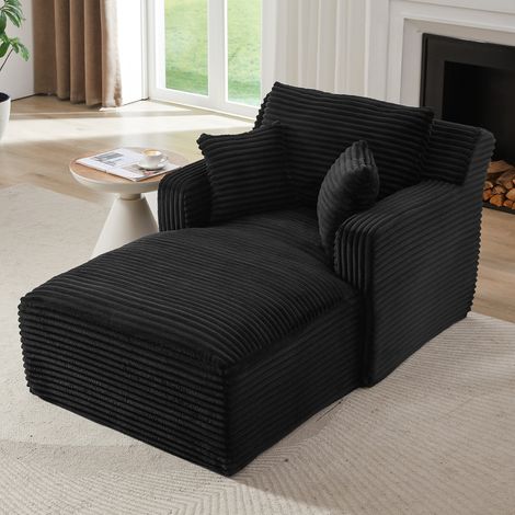 Chaise longue 1 place en velours côtelé noir, sans montage, compacte et confortable,100x166x82 cm (1/5)