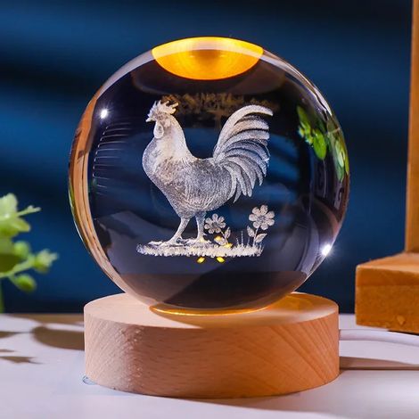 (Lumière chaude) Boule de cristal avec support lumineux LED, décoration de boule en verre gravée au laser.