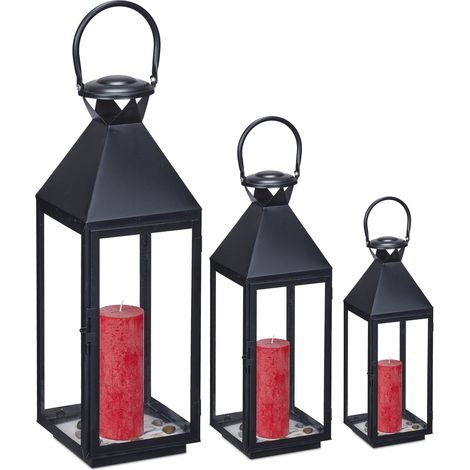 Lot de 3 lanternes, décoration intérieur et extérieur, 3 Tailles, métal, Verre, photophores pour Bougies, Noir (1/5)