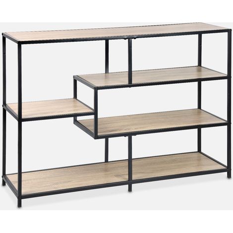 Estantería, biblioteca industrial de metal y efecto madera, 5 niveles