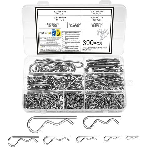 390 Pcs Assortiment de Goupilles, Goupille Fendue en Acier Inox, Goupilles Fendue À Ressort de Retenue Clips en R pour Appareils électroménagers, Motos, Tracteurs, Mécaniques Auto (1/5)