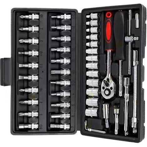 Coffret 46 Pièces Outillage Auto Mécanique Cliquet Douilles Tournevis Combiné Noir (1/5)