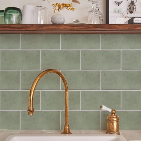 Lot de 10 autocollants de carrelage mural en vinyle imperméable pour cuisine et salle de bains, vert sauge rétro, 30 x 15 cm (1/5)