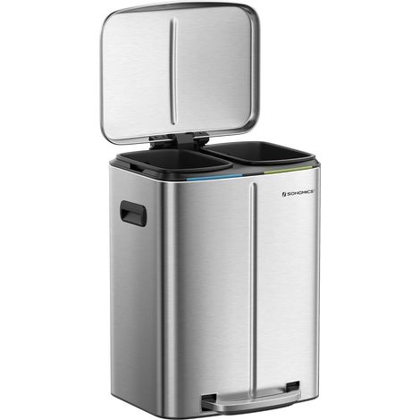 Songmics – Poubelle à pédale 2 x 20L – 2 compartiments – Acier inoxydable – Couvercles à fermeture douce – Poignées latérales – Joint anti-odeur (1/5)