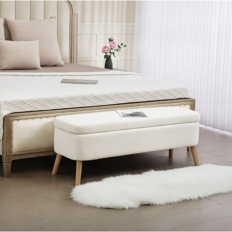 Banco arcón 65 L en tejido polar, madera de caucho y espuma, 120 x 42 x 45 cm, blanco OKMYHOME (1/5)