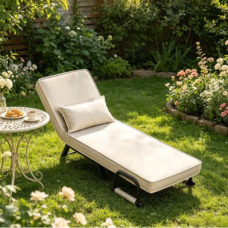 Sillón cama plegable 65x78x75 cm beige de lino y metal - respaldo ajustable en 5 posiciones (1/5)