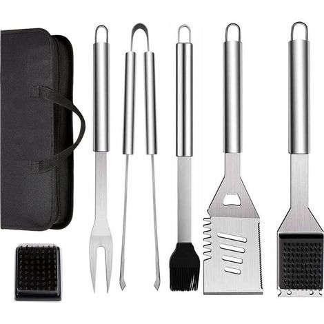 Juego de 7 utensilios de acero inoxidable para barbacoa: espátula, pinzas, tenedor. Incluye bolsa de transporte. Ideal para acampar y jardinería. (1/5)
