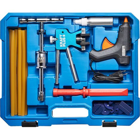 Kraftplus – Jeu d'outils de débosselage avec pistolet à colle – Réparation carrosserie voiture sans peinture – 9 pads de débosselage inclus – Coffret de transport (1/2)