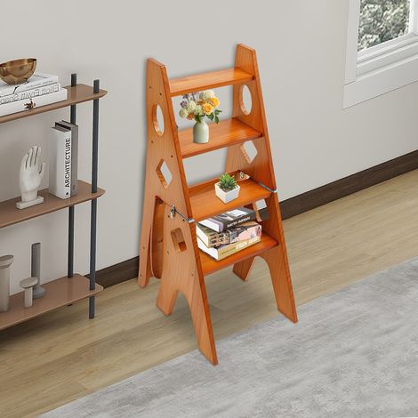 Klappbarer Bibliotheksstuhl, karamellfarbener klappbarer 4-stufiger Hocker, 34 x 38,5 x 87 cm, Klappstuhl und Trittleiter (1/5)