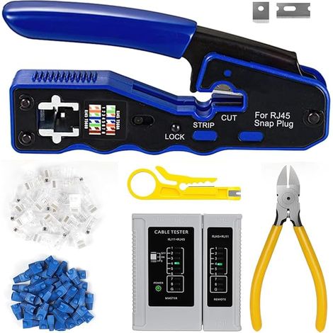 rj45 kit de sertissage passe - partout et cat6 cat6a outil de sertissage cat5 cat5e avec 20 connecteurs passe - partout rj45 cat6,20 couvercles,1 testeur de câble réseau,1 dénudeur,1 coupeur (1/5)