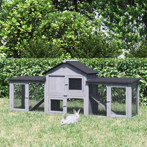 Conejera de Exterior Grande Jaula de Madera para 2-4 Conejos con Techo Asfáltico Recinto de Alambre Bandeja Extraíble y Rampas 210x45,5x84,5 cm Gris y Negro (1/5)