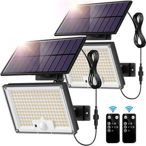 Lampe Solaire Extérieure 172 LED avec Détecteur de Mouvement IP65 3 Modes Éclairage Spot avec Câble 5M Lot de 2 Lumière Froide