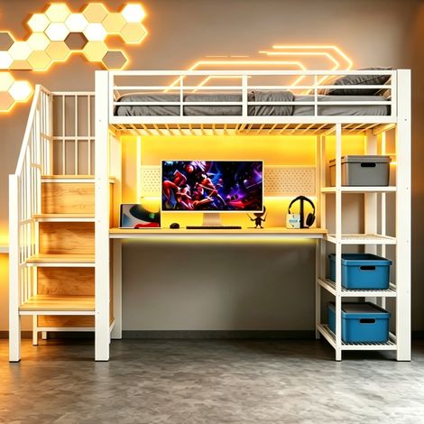 Cama alta multifunción 254.3x94.3x172.5 cm, con escalera con almacenamiento, estantería, LED y enchufes, metal y madera blanca (1/5)