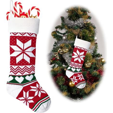 Calcetín navideño gigante con estampado de copos de nieve, bonito calcetín rojo de punto para colgar en la chimenea, decoración para fiestas navideñas