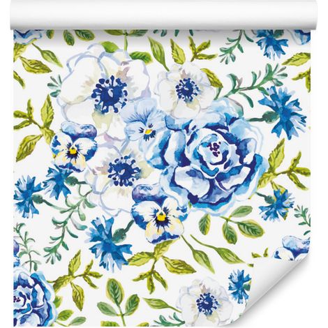 Papier peint Roses, boutons d'or, bleuets et pensées pour salon et chambre 50x1000 cm (1/5)