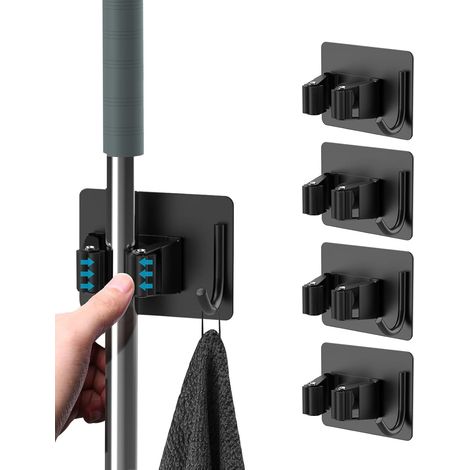 KOWOLL Support pour balai-serpillière, lot de 4 supports muraux auto-adhésifs en acier inoxydable avec crochets (noir) (1/5)