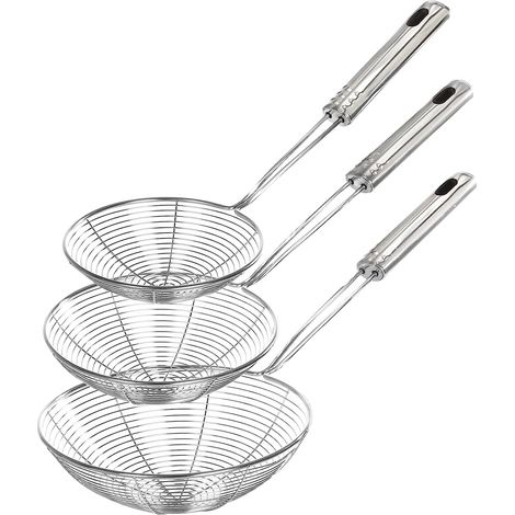 Cuillère Égouttoir Acier Inoxydable - Filtre À Mailles Pour Cuisson Et Friture - Manche Long Avec Trou De Suspension - Lot De 3