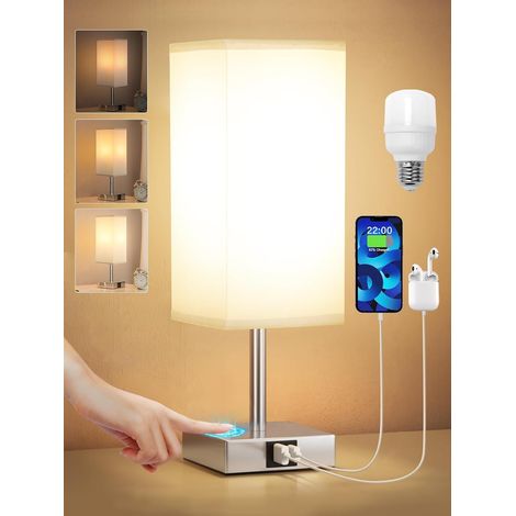 Lampe de chevet tactile blanche avec port de charge USB C+A, variateur d'intensité à trois niveaux, abat jour en tissu gris TC et base en métal, lampe de table pour chambre à coucher ou salon (ampoule (1/5)