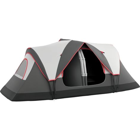 Tente familiale 6-8 places, légère et aérée, avec moustiquaire, en polyester gris foncé, sac de transport fourni.