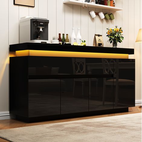 Aparador de salón (140x35x72.5 cm), con 2 cajones, 4 puertas, iluminación LED, tablero de aglomerado, negro