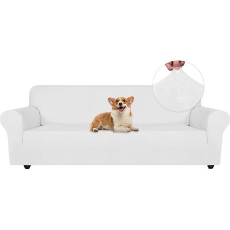 1 Housse de canapé, Velours extensible, Polyester antidérapant, Blanc, Protection animaux 4 places (1/5)