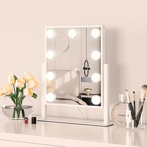 Espejo Maquillaje con Luz Mesa, 30x25 cm, 360 Grados Giratorio, Dimmable, 9 Bombillas LED, 3 Colores de Luz, con Espejo de Aumento 10X (1/4)
