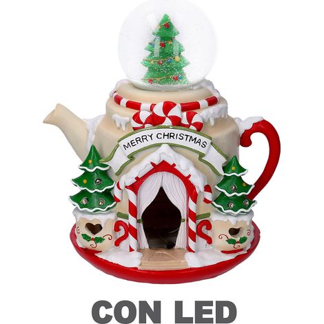 Teiera Natalizia in Resina con Led con palla di vetro rosso cm 25x22x28 (1/3)