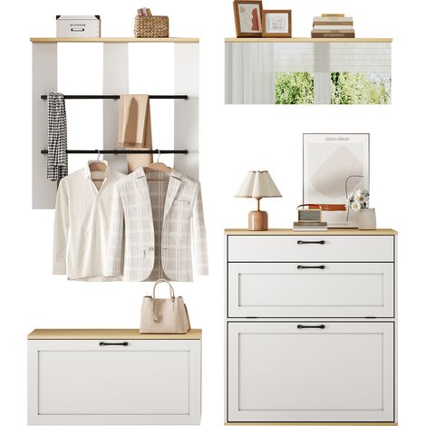 CHICFURN Set de recibidor modular con armario zapatero abatible, banco, espejo y perchero de pared, color blanco y madera clara, 156 x 36 x 176 cm (1/5)