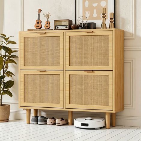 Meuble à Chaussures - 4 Abattants - Grande Capacité 28 Paires - Scandinave Naturel - Entrée et Couloir - Bois Chêne et Rotin (1/5)