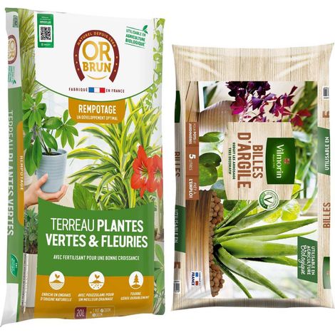 Terreau Or Brun Plantes Vertes 20L + Billes d'argile : Rempotage facile et durable (1/3)